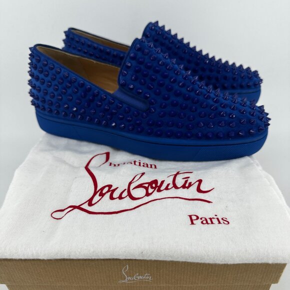 Louboutin Blue Suede Roller Boat Spiked Flats - Size 39 - Picture 1 of 12